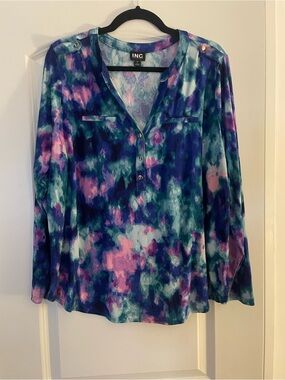 INC International Concepts Blue, Pink & Teal Watercolor Blouse